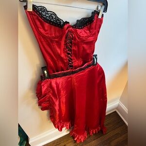 Darling Body Fashions Red Satin Corset Dress with Black Lace w/ Matching Skort